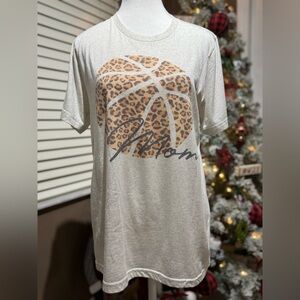 Cream Graphic Tee with a “Mom” Leopard Print Basketball